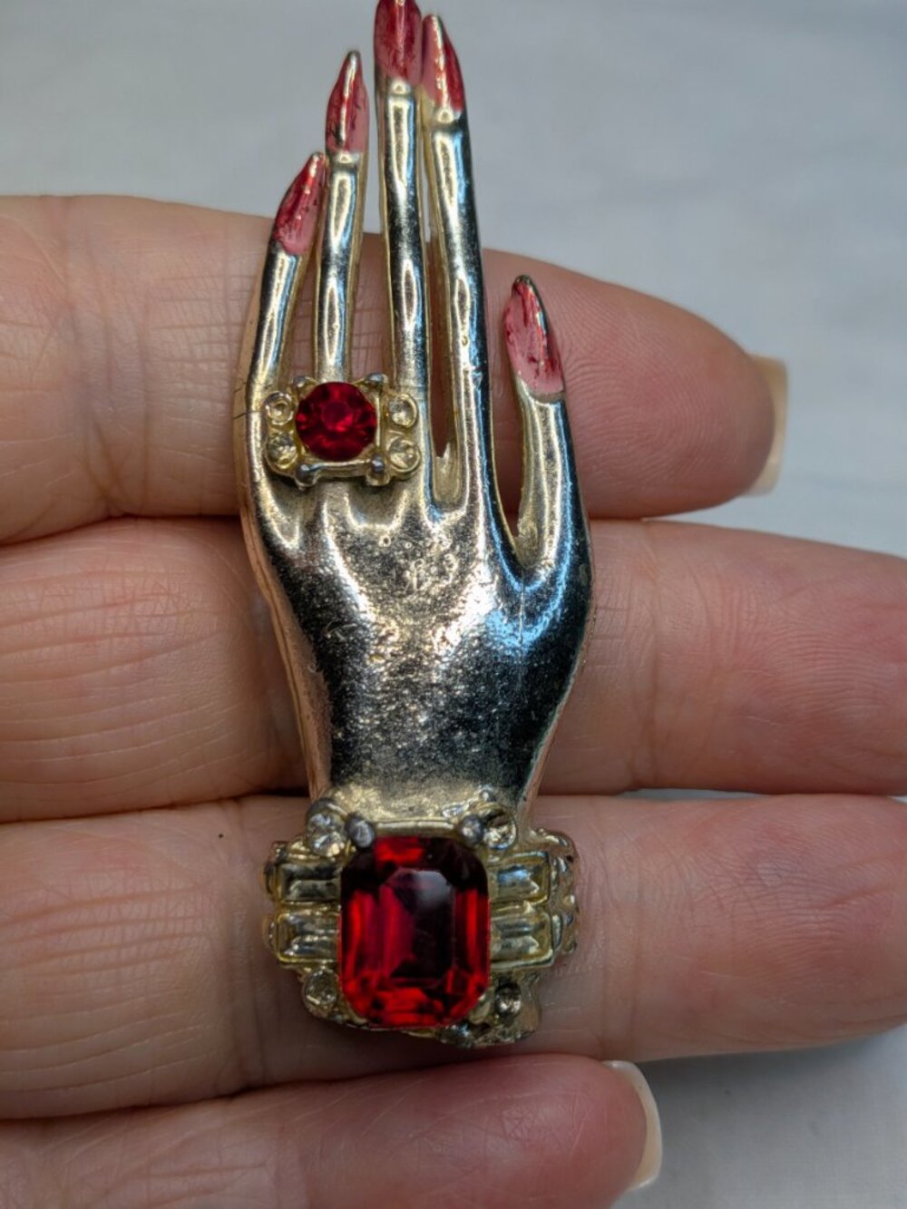 Vintage 1940s Jeweled Hand Brooch Rhinestone Figural Pin